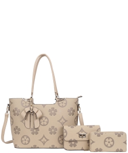 3n1 Floral Print Design Shoulder Tote Bag with Crossbody and Wallet Set YB-8093-S TAUPE